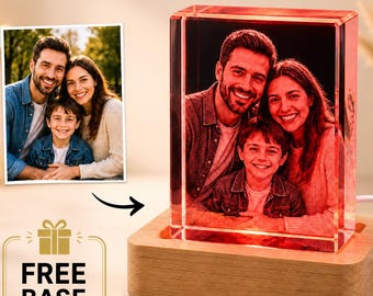 Custom Family Photo Crystal with LED Base, Personalized 3D Picture Crystal, Gift for Mom, Dad, Grandparents