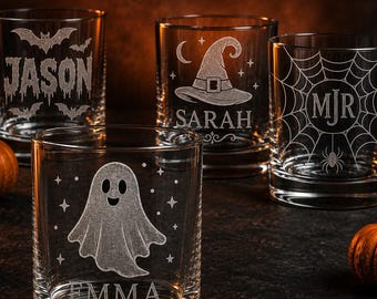 Personalized Halloween Whiskey Glass, Custom Name Engraved Rocks Glass, Ghost Bat Witch Hat Spider Web, Spooky Halloween Gift