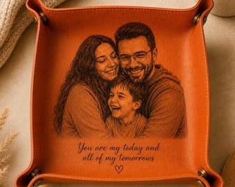 Personalized Photo Valet Tray, Custom Engraved Leather Catchall Tray, Picture & Text Gift for Dad Husband Boyfriend, Anniversary Gift