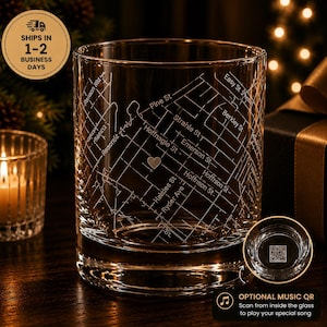 May include: A clear glass tumbler featuring an etched street map design with labeled streets including Pine St, Strahle St, Emerson St, and Hoffnagle St, marked with a small heart icon. The bottom interior of the glass displays a square QR code.
