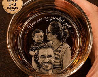Personalized Photo Engraved Whiskey Glass, Custom Picture on Glass Bottom, Father's Day Gift for Dad, Photo Engraved Bourbon Glass
