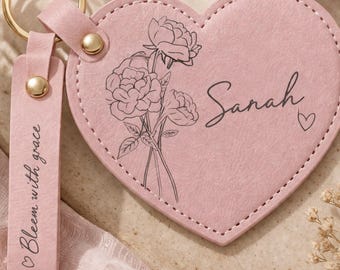 Personalized Birth Flower Heart Mirror Keychain, Bag Charm, Custom Engraved Name Floral Charm