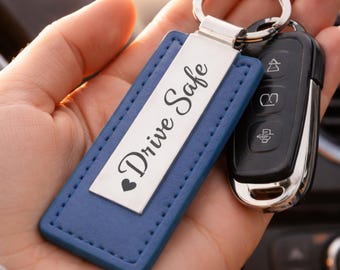 Personalized Stainless Steel  Leather Keychain, Custom Engraved Metal Plate Key Ring