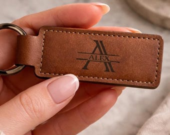 Personalized Leather Keychain, Custom Name, Engraved Monogram Key Fob, Gift for Him, Dad Gift