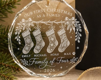 Personalized Family Christmas Glass Ornament, Custom Names and Pets, Engraved Holiday Keepsake