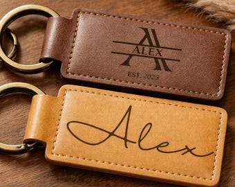 Personalized Leather Keychain, Custom Name, Engraved Monogram Key Fob, Gift for Him, Dad Gift