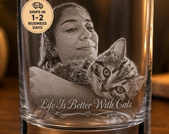 Custom Cat Dog  Photo Whiskey Glass, Personalized Pet Lover Gift, Cat Mom Gift, Photo Engraved Rocks Glass
