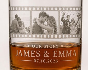 Personalized Our Story Whiskey Glass, Custom Photo Timeline Glass, Engraved Couple Gift, Anniversary Wedding Gift, Film Strip Glass