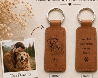 Personalized Leather Photo Keychain, Custom Line Art Engraving, Text Gift, Family Pet Keyring