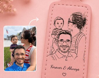 Personalized Leather Photo Keychain, Custom Line Art Engraving, Text Gift, Family Pet Keyring