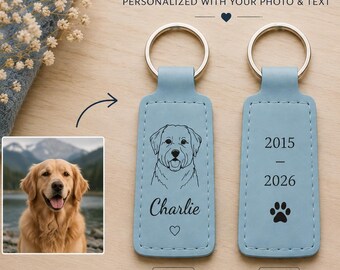 Personalized Leather Photo Keychain, Custom Line Art Engraving, Text Gift, Family Pet Keyring