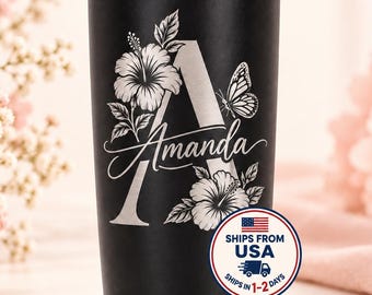 Personalized Floral Tumbler with Name, Custom Monogram 20 oz Stainless Steel Cup, Engraved Gift for Her, Mom or Teacher