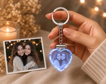 Personalized 3D Crystal Heart Keychain, Custom Photo Gift, Light Up Picture Keychain, Anniversary Gift for Couples