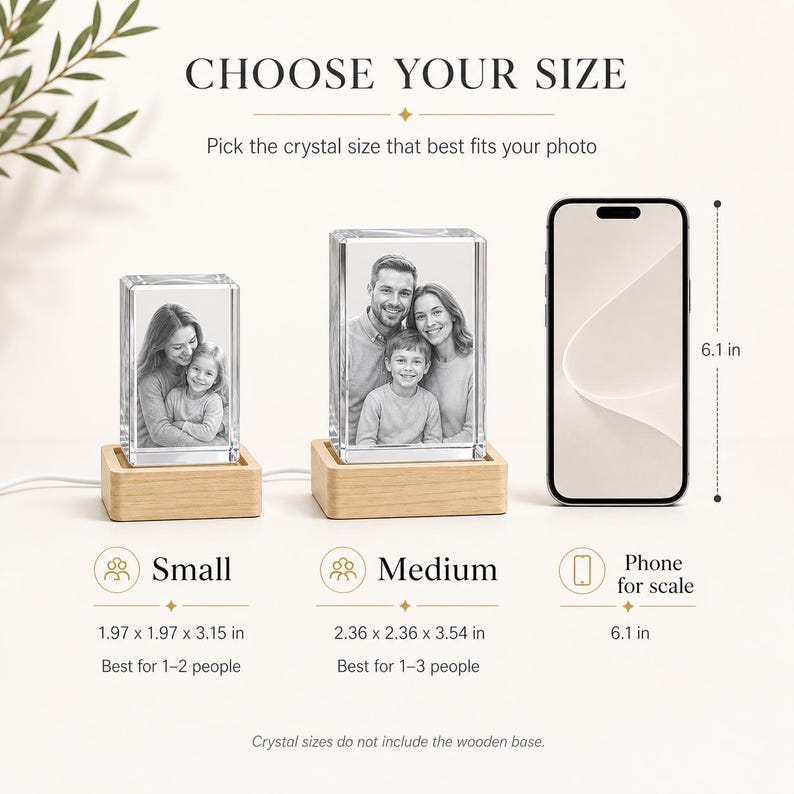 May include: Two rectangular crystal blocks with laser-etched black and white photos, each mounted on a light wood base. The small crystal is 1.97 x 1.97 x 3.15 inches, the medium is 2.36 x 2.36 x 3.54 inches, shown next to a 6.1 inch smartphone.