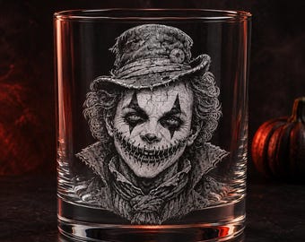 Personalized Horror Whiskey Glass, Custom Name Engraved Rocks Glass, Creepy Clown Skull Scarecrow Doll, Halloween Gift for Horror Fans