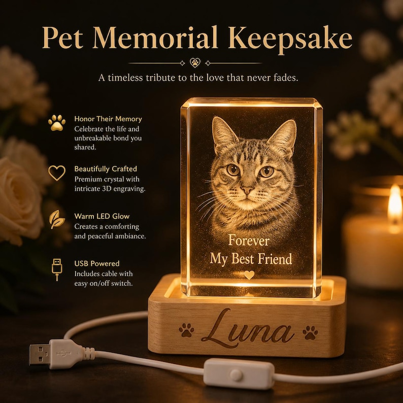 May include: A rectangular crystal block featuring a 3D laser-engraved portrait of a cat with the text "Forever My Best Friend" and a heart. The crystal sits on a light wood base engraved with the name "Luna" and paw prints, with a USB cable.