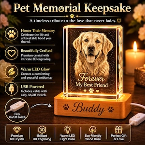 May include: A rectangular crystal block featuring a 3D laser-engraved portrait of a golden retriever with the text Forever My Best Friend. The crystal sits on a rectangular wooden base engraved with the name Buddy and two paw prints.