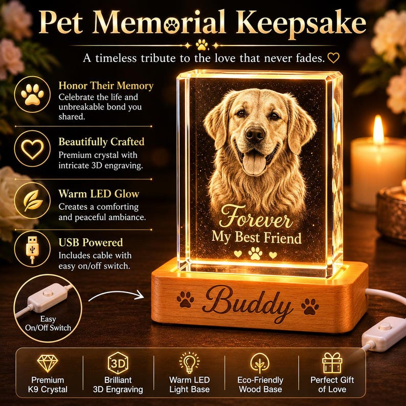May include: A rectangular crystal block featuring a 3D laser-engraved portrait of a golden retriever with the text Forever My Best Friend. The crystal sits on a rectangular wooden base engraved with the name Buddy and two paw prints.