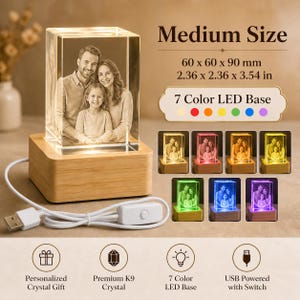 May include: A rectangular crystal block featuring a laser-etched family portrait, mounted on a light wood 7-color LED base. The crystal measures 2.36 x 2.36 x 3.54 inches. It includes a white USB power cable with a switch for illumination control.