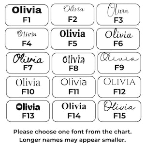 May include: A font selection chart featuring fifteen distinct styles labeled F1 through F15, each displaying the name Olivia. The text reads Choose Your Font, Please enter the font name or number in the personalization box, and Please choose one font from the chart. Longer names may appear smaller. If no font is selected, a default font will be used.