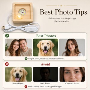 May include: An instructional graphic titled Best Photo Tips featuring a square light-up wooden display base with a white USB cord. The image displays examples of high-quality photos of people and a dog, alongside examples of blurry, dark, or cropped photos.
