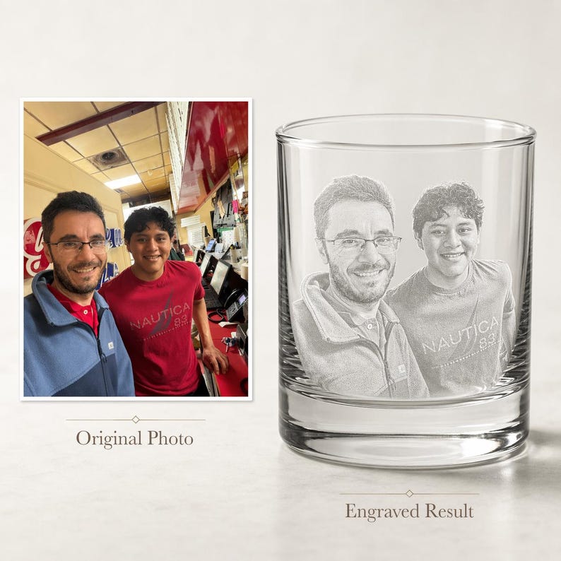 May include: A clear glass tumbler featuring a laser-engraved portrait of two individuals based on the original photo shown to the left. The engraving captures the facial features and upper torsos of both people, including the text Nautica 83.