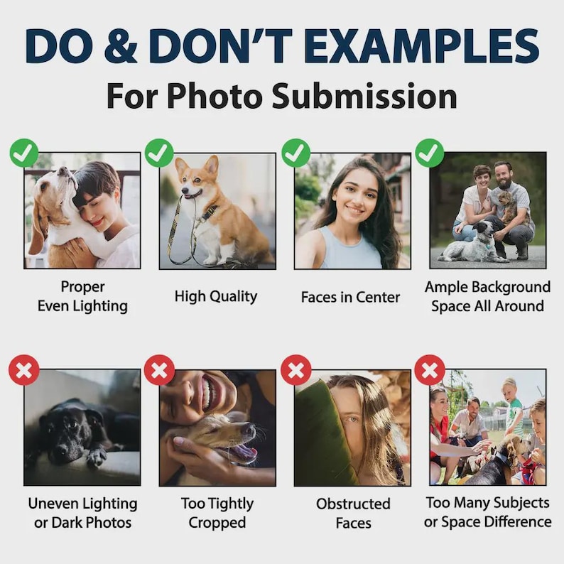 May include: An informational graphic titled DO & DON'T EXAMPLES For Photo Submission. It displays eight square photo examples with green checkmarks for correct submissions and red X marks for incorrect ones, illustrating lighting, framing, and composition.