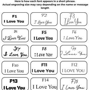 May include: A chart displaying fifteen different font styles labeled F1 through F15, each showcasing the phrase I Love You in black text within individual rectangular boxes. The header reads See How Each Font Looks followed by explanatory text.