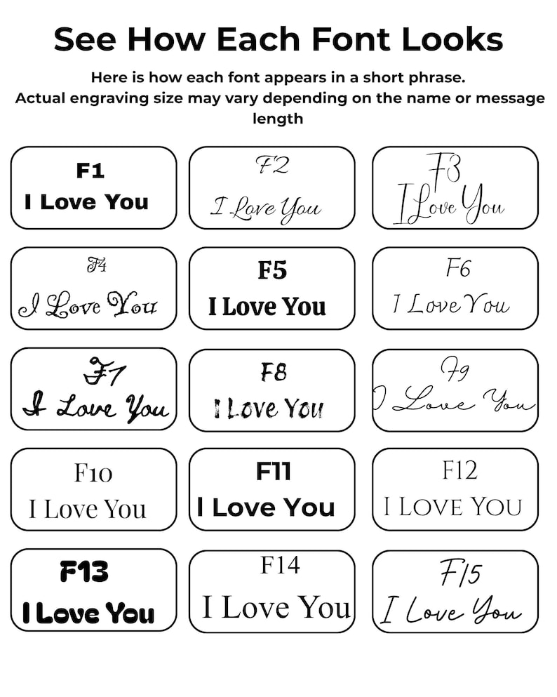 May include: A chart displaying fifteen different font styles labeled F1 through F15, each showcasing the phrase I Love You in black text within individual rectangular boxes. The header reads See How Each Font Looks followed by explanatory text.