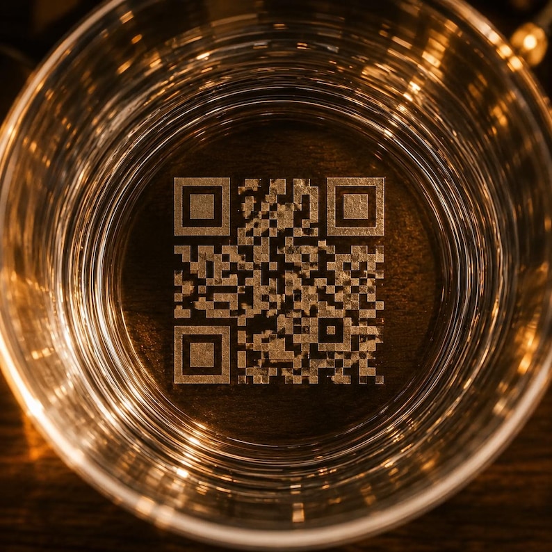 May include: A clear glass tumbler featuring a square QR code etched into the bottom surface. The glass has a circular rim and transparent walls, with the dark, textured QR code clearly visible through the base in warm, ambient lighting.