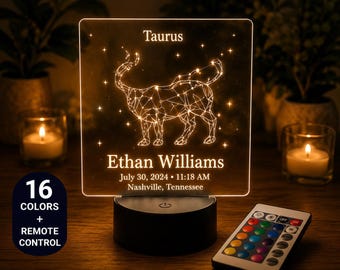 Personalized Zodiac Night Light, Custom Birth Stats LED Lamp, Astrology Nursery Decor, Baby Keepsake Gift