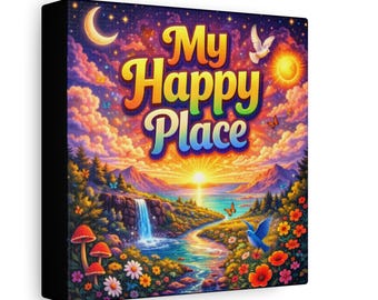 My Happy Place Canvas Art | Boho Landscape Waterfall Scenery Wall Decor