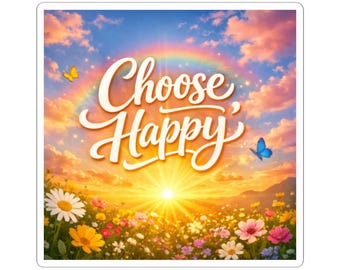Choose Happy sticker | inspirational vinyl kiss-cut sticker, rainbow sunrise floral design