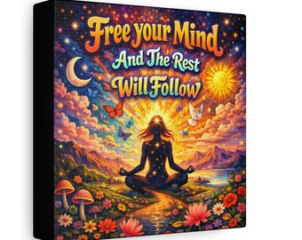 Free Your Mind Meditation Mental Health Inspirational Quote Canvas | Colorful Boho Spiritual Wall Art