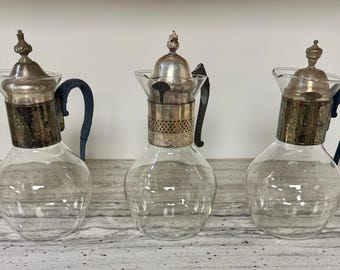 Juego de jarra de café vintage de vidrio Corning: servidor de té con tapa plateada de mediados de siglo
