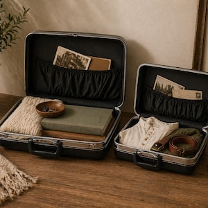 May include: Two open vintage suitcases with black exteriors and silver trim. One contains a beige sweater, a wooden bowl, and a book. The other holds a white shirt, a belt, and a green garment. Both have black interior pockets.