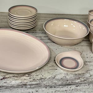 May include: A complete dinner service in a soft pink colour with a grey rim. The set includes a large oval platter, a serving bowl, small plates, saucers, cups, and salt and pepper shakers. Ideal for a formal dinner.
