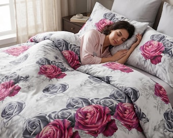 3D Rose Duvet Cover Set | Grey Pink Floral Bedding, UK Sizes (4 Piece)
