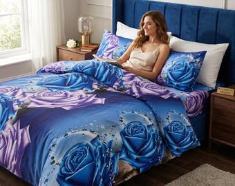 3D Blue Rose Duvet Cover Set | Floral Bedding with Fitted Sheet (4 Piece UK)