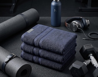 Set of 3 Dark Navy Cotton Gym Towels – Soft Absorbent Workout Fitness Towels