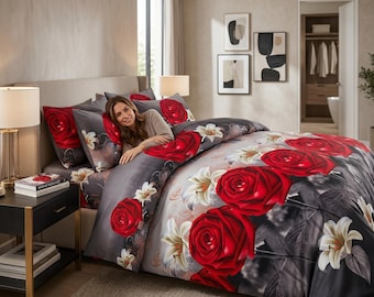 3D Red Rose Floral Bedding Set | Grey Duvet Cover with Fitted Sheet