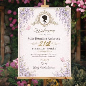 以下が含まれることがあります： 木製のイーゼルには、21歳の誕生日パーティーのウェルカムサインが飾られています。サインにはシルエット、花の装飾、そして「Welcome to Miss Rosaline Ambrose 21st Birthday Soirée」というテキストが書かれています。背景にはピンクの花が咲いています。