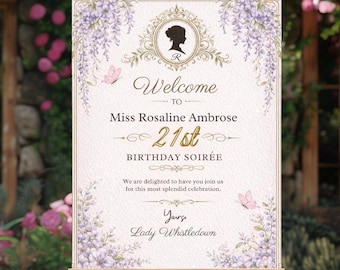 Modello di cartello di benvenuto di Bridgeton / Poster per la serata di compleanno Regency (download digitale)