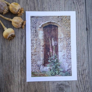 Medieval Church Door and Flowers Photo Greeting Card English Countryside in Norfolk Broads Weathered Wood Door Fine Art Photography image 1