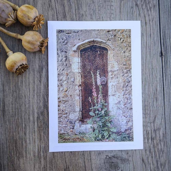 Medieval Church Door and Flowers Photo Greeting Card - English Countryside in Norfolk Broads - Weathered Wood Door - Fine Art Photography