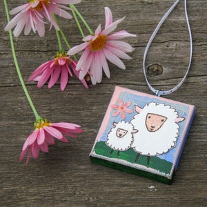 Mini Canvas Ornament with Mama Sheep and Her Lamb for Easter and Spring Original Mixed Media Artwork of Spring Sheep Mother and Child image 2