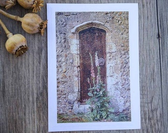 Medieval Church Door and Flowers Photo Greeting Card - English Countryside in Norfolk Broads - Weathered Wood Door - Fine Art Photography