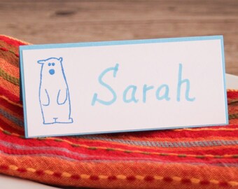 Blue Polar Bear Place Cards - Handmade Name Cards for Kids Birthday Party, Christmas or Holiday Celebration - Festive Table Decoration