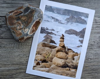 Bird on Rock Cairn Photo Greeting Card - Sparrow by the Ocean - Rocky California Shore - Northern California Coast - Fine Art Photography