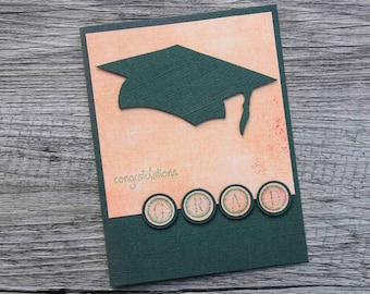 Graduation Card in Green and Yellow for College and High School Graduation - Congratulations Grad - Handmade Notecard with Graduation Cap